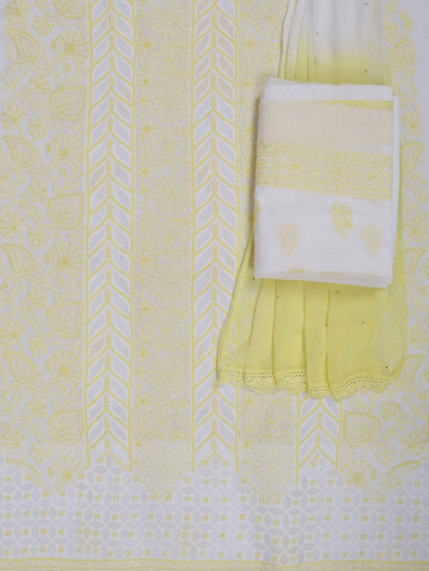 Ada Hand Embroidered White Cotton Lucknowi Chikankari Unstitched Suit Piece 01A133327