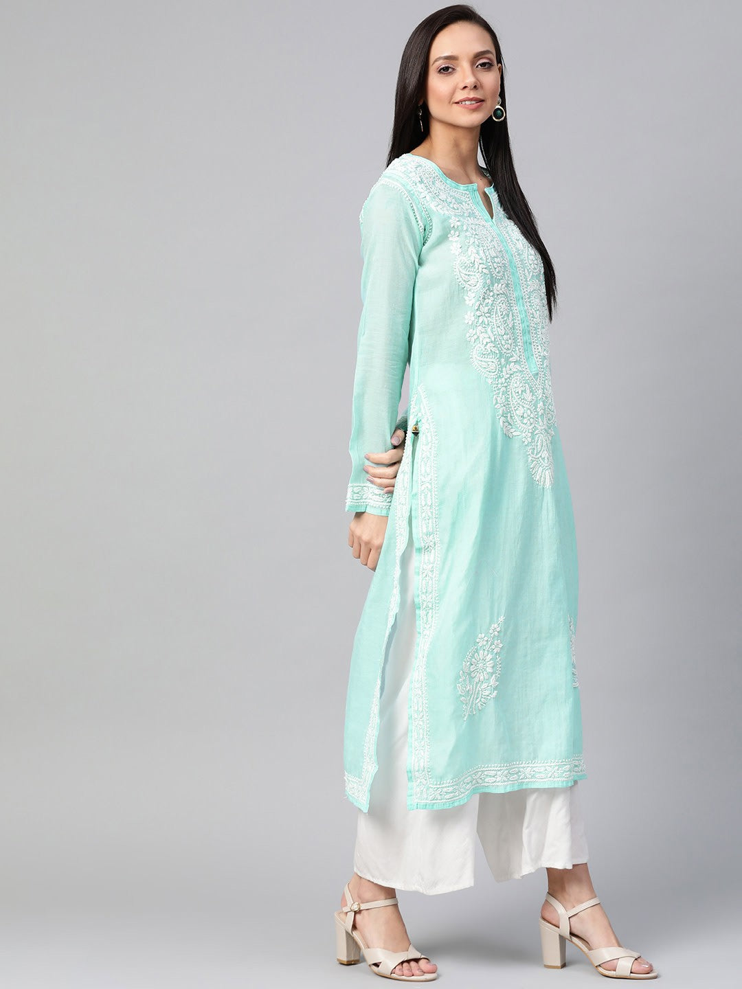 Ada Hand Embroidered Sea Green Chanderi Lucknowi Chikankari Straight Kurta A100483