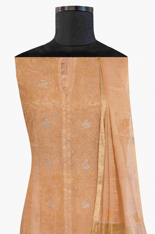Ada Hand Embroidered Peach Tissue Lucknowi Chikankari Semi-stitched Kurta Dupatta Set With Muqaish Work-A588033