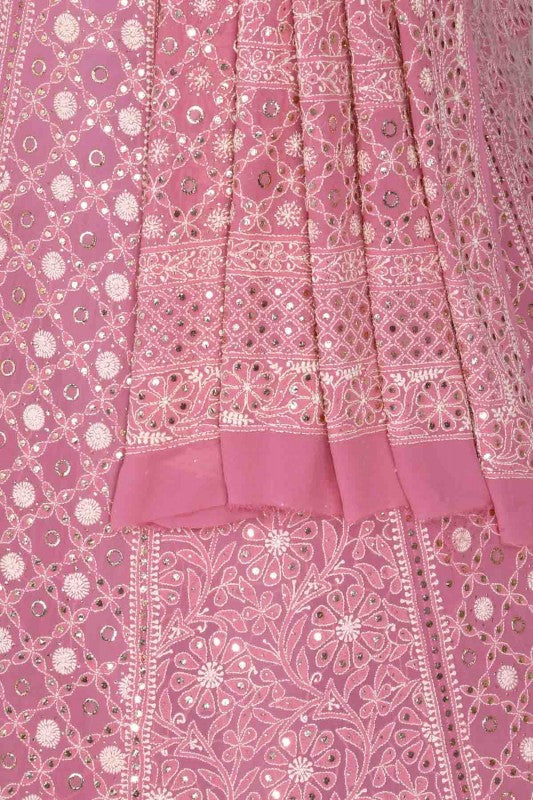 Ada Hand Embroidered Dusty Pink Pure Georgette Lucknowi Chikankari Lehenga Set With Muqaish Work A620113