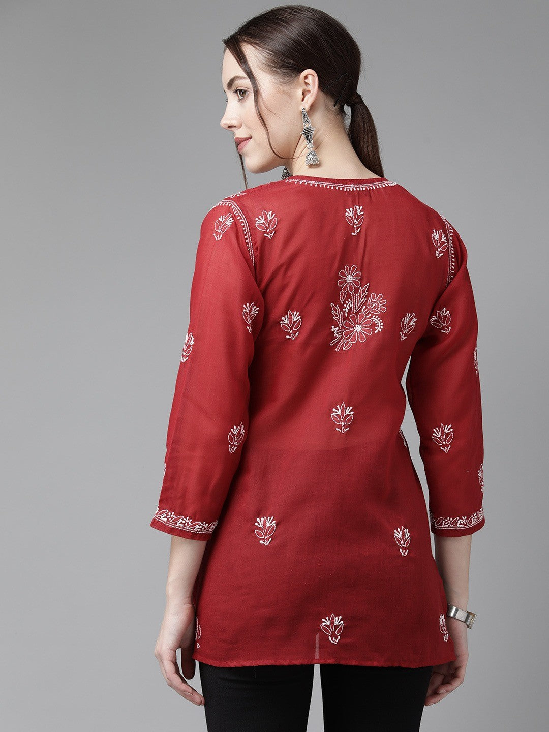 Ada Hand Embroidered Red Cotton Lucknow Chikan Kurti A911213
