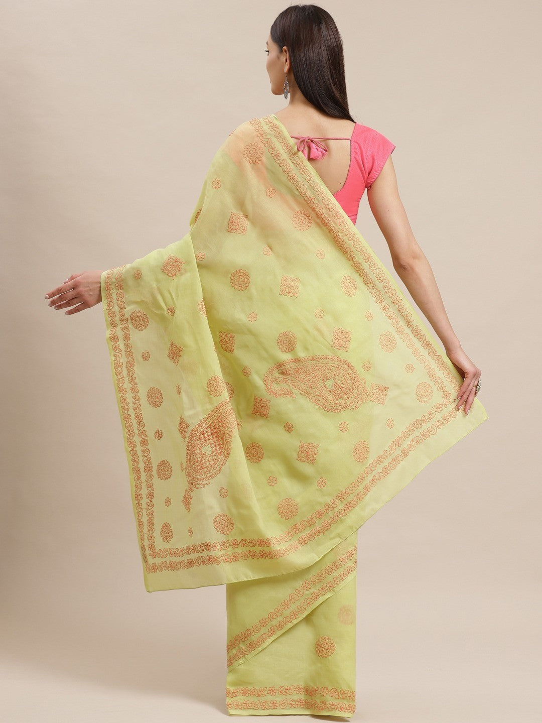 Ada Hand Embroidered Green Cotton Lucknow Chikan Saree With Blouse- A311165