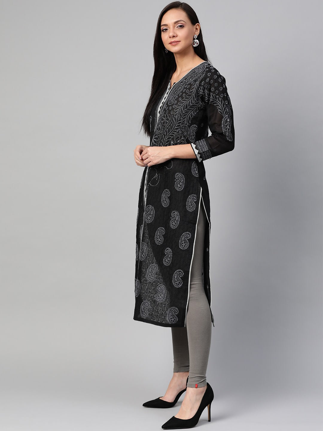 Ada Hand Embroidered Black Cotton Lucknow Chikan Kurta - A100440