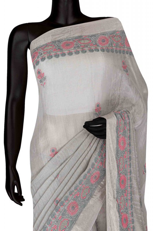 Ada Hand Embroidered Grey Tissue Lucknow Chikan Saree With Blouse-A622171