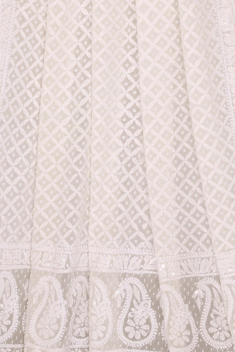 Ada Hand Embroidered White Pure Georgette Lucknowi Chikankari Dupatta With Pearl & Sequinned Work-A619815
