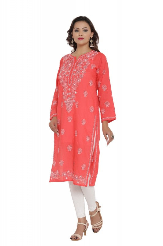Ada Hand Embroidered Carrot Pink Cotton Lucknowi Chikankari Straight Kurta A196681