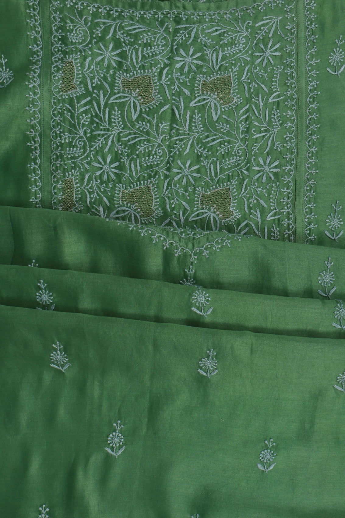 Ada Hand Embroidered Pickle Green Chanderi Lucknowi Chikankari Semi-stitched Kurta Dupatta Set With Zari Work 01A129514