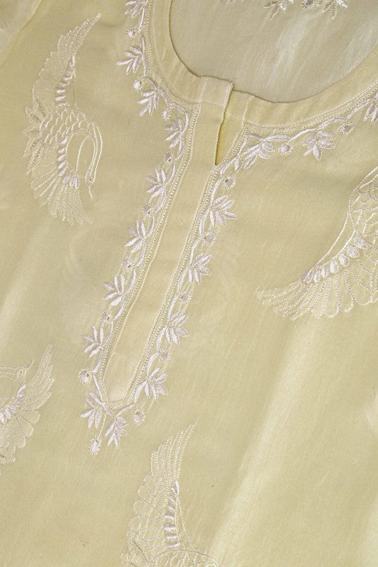 Ada Hand Embroidered Lemon Silk Chikan Unstitched Kurta Piece With Zari Work A534060