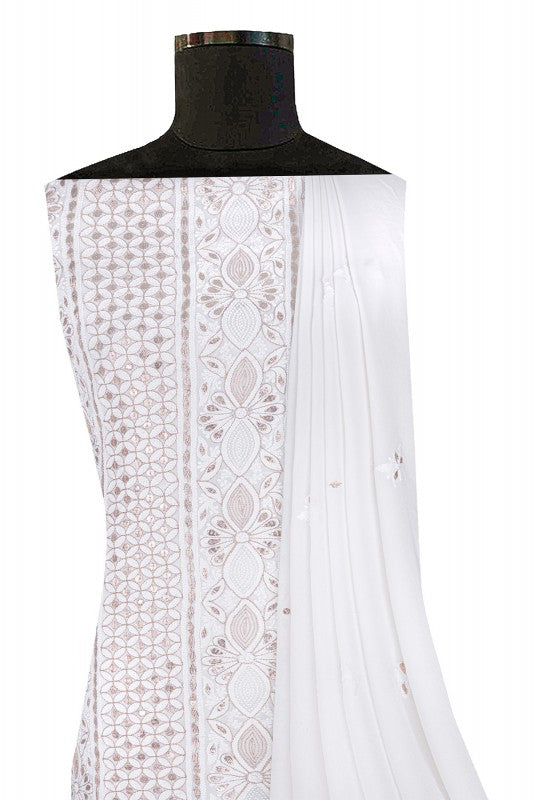 Ada Hand Embroidered White Pure Georgette Lucknowi Chikan Unstitched Kurta Dupatta Set With Gota Patti Work- A454104