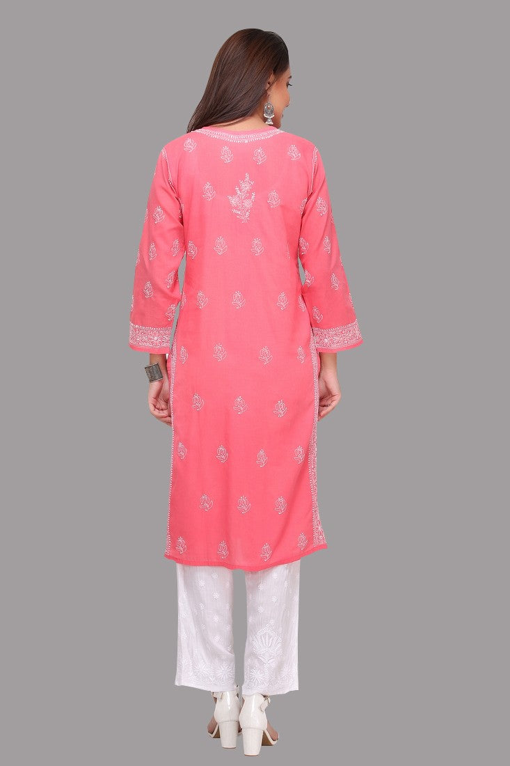 Ada Hand Embroidered Carrot Pink Cotton Lucknow Chikan Kurti A220764