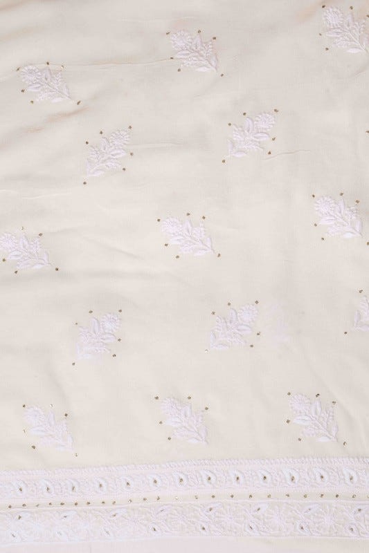 Ada Hand Embroidered White Pure Georgette Lucknowi Chikan Unstitched Kurta Dupatta Set With Muqaish Work-A610887