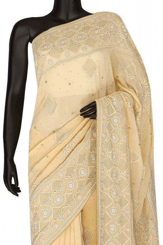 Ada Hand Embroidered Dark Butter Cream Pure Georgette Lucknowi Chikankari Saree With Blouse- A18819