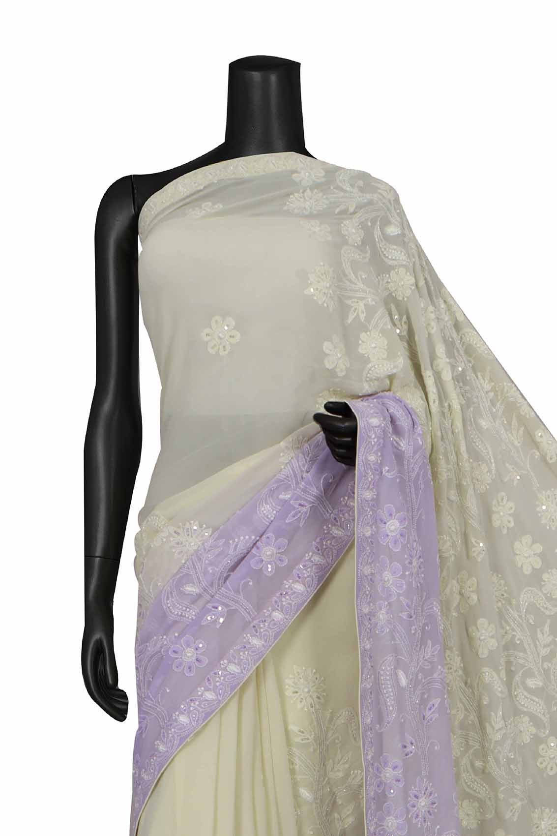 Ada Hand Embroidered Mauve & Cream Ombre Shade Pure Georgette Lucknowi Chikankari Saree/Blouse with Cutdana Work A393538