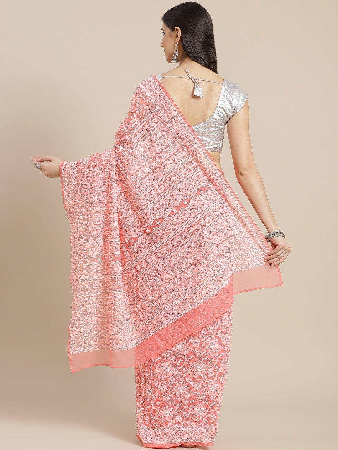 Ada Hand Embroidered Peach Georgette Lucknow Chikan Saree With Blouse-A311306
