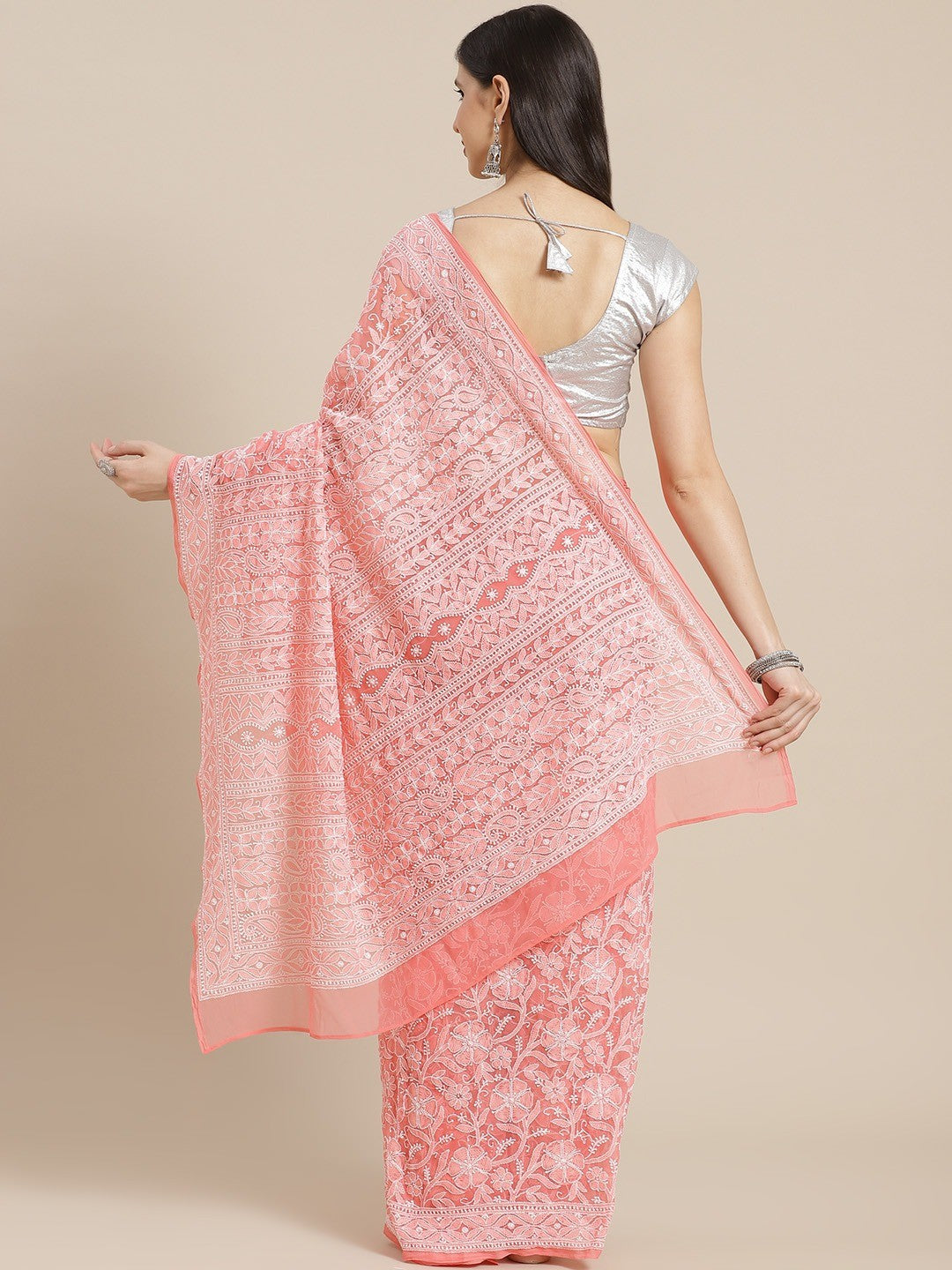 Ada Hand Embroidered Peach Georgette Lucknow Chikan Saree With Blouse-A311306