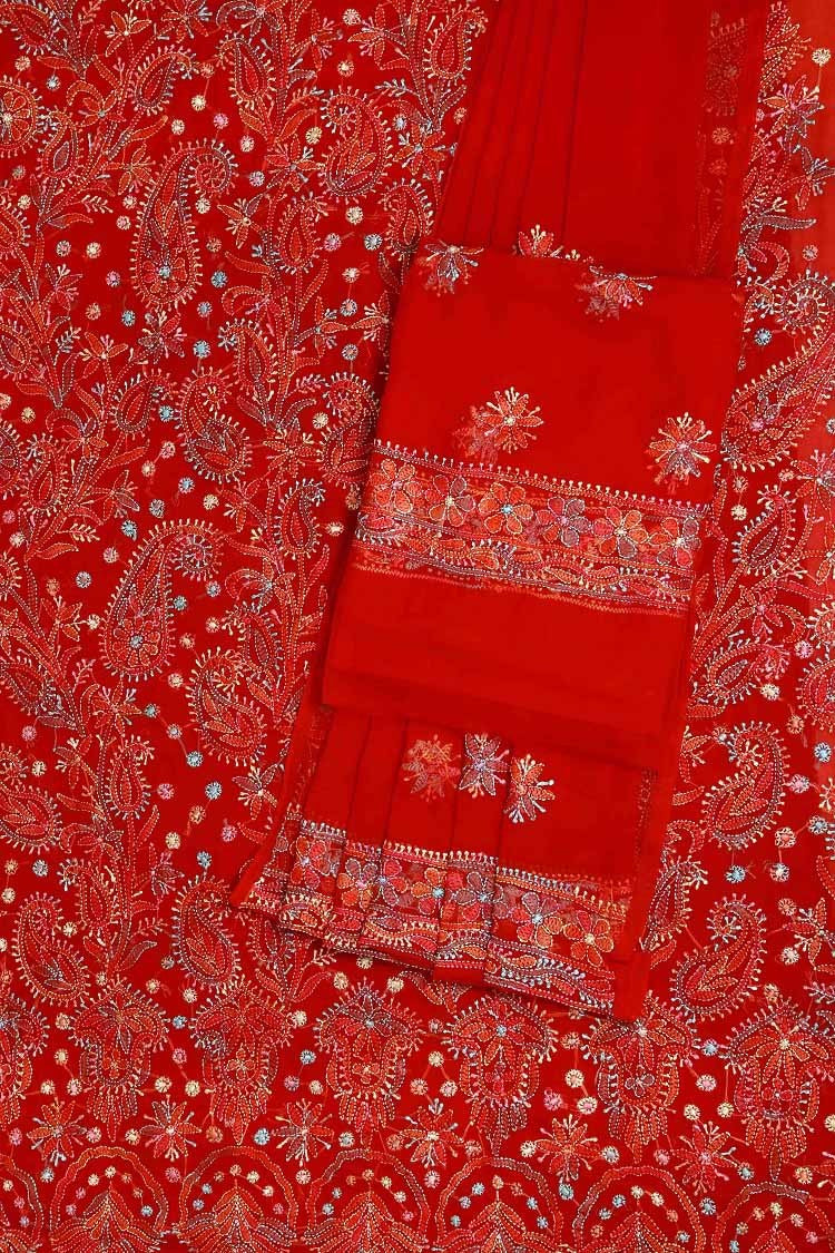 Ada Hand Embroidered Red Georgette Lucknowi Chikankari Unstitched Suit Piece A211176