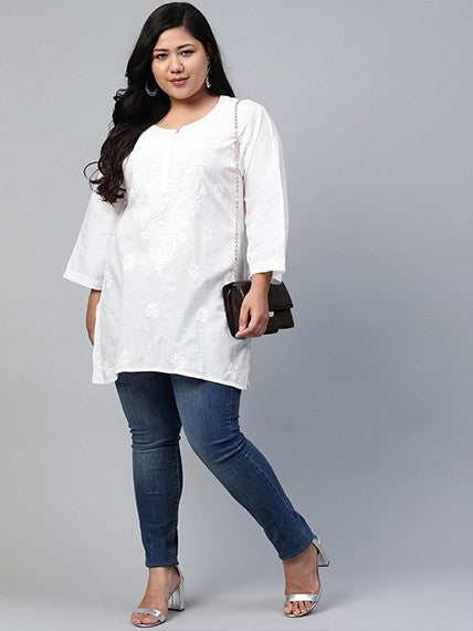 Ada Hand Embroidered White Cotton Lucknowi Chikankari Short Kurti A359765