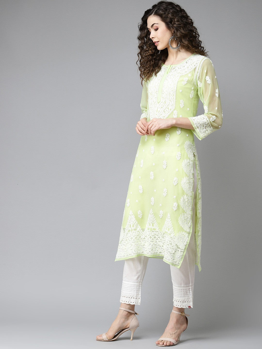 Ada Hand Embroidered Green Georgette Lucknowi Chikankari Straight Kurta With Slip A411199