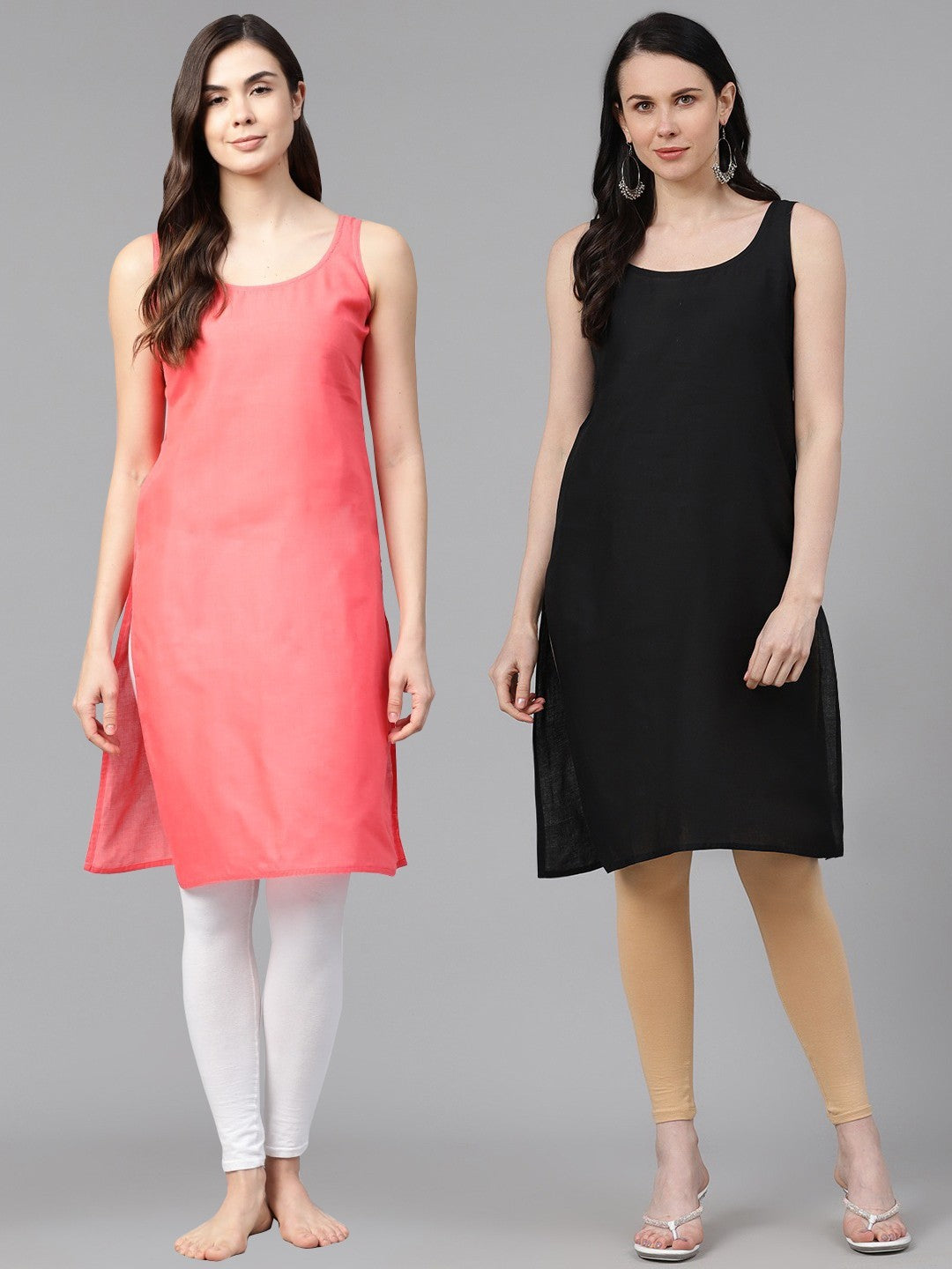 Ada Black And Carrot Pink Cotton Long Slips Combo of 2  A111130.