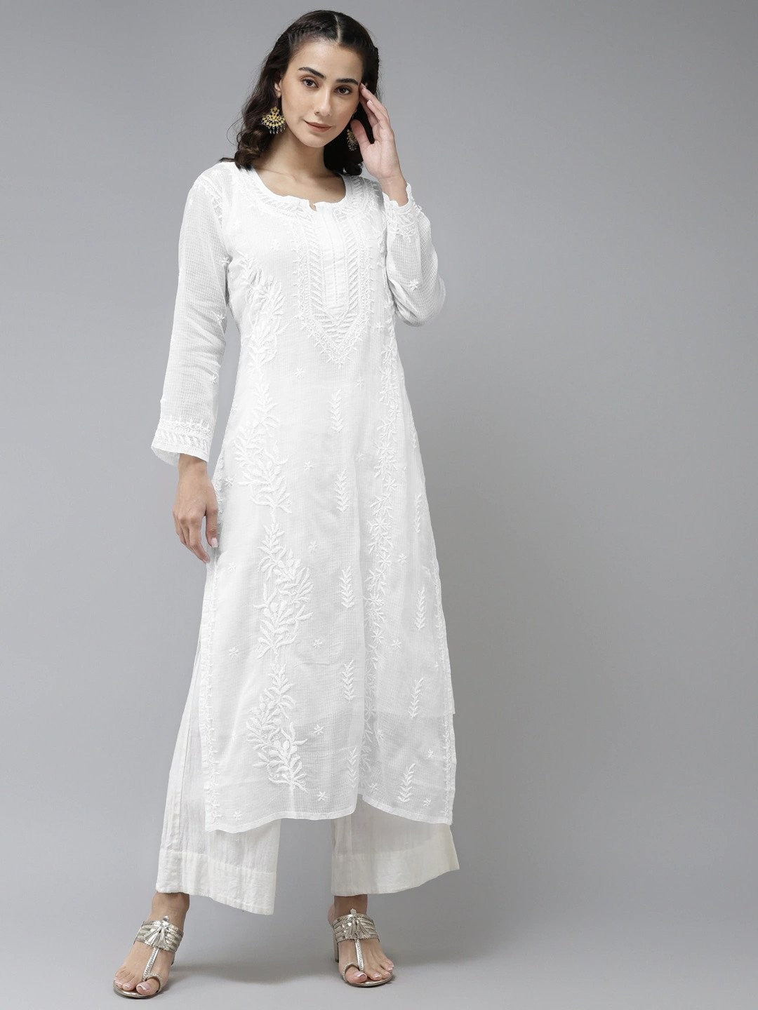 Ada Hand Embroidered White Kota Lucknowi Chikankari Straight Kurta With Slip A411224