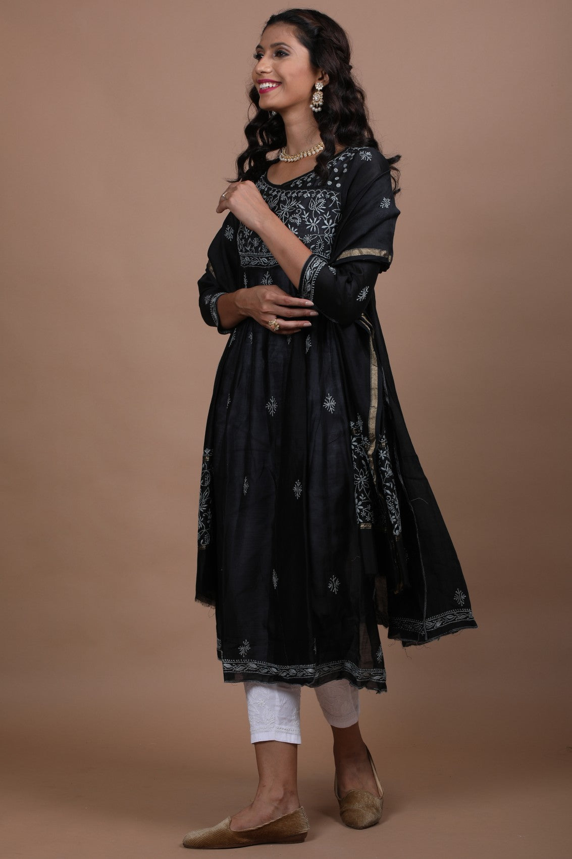 Ada Hand Embroidered Black Chanderi Lucknowi Chikankari Semi-Stitched Anarkali Kurta Dupatta Set 01A213946