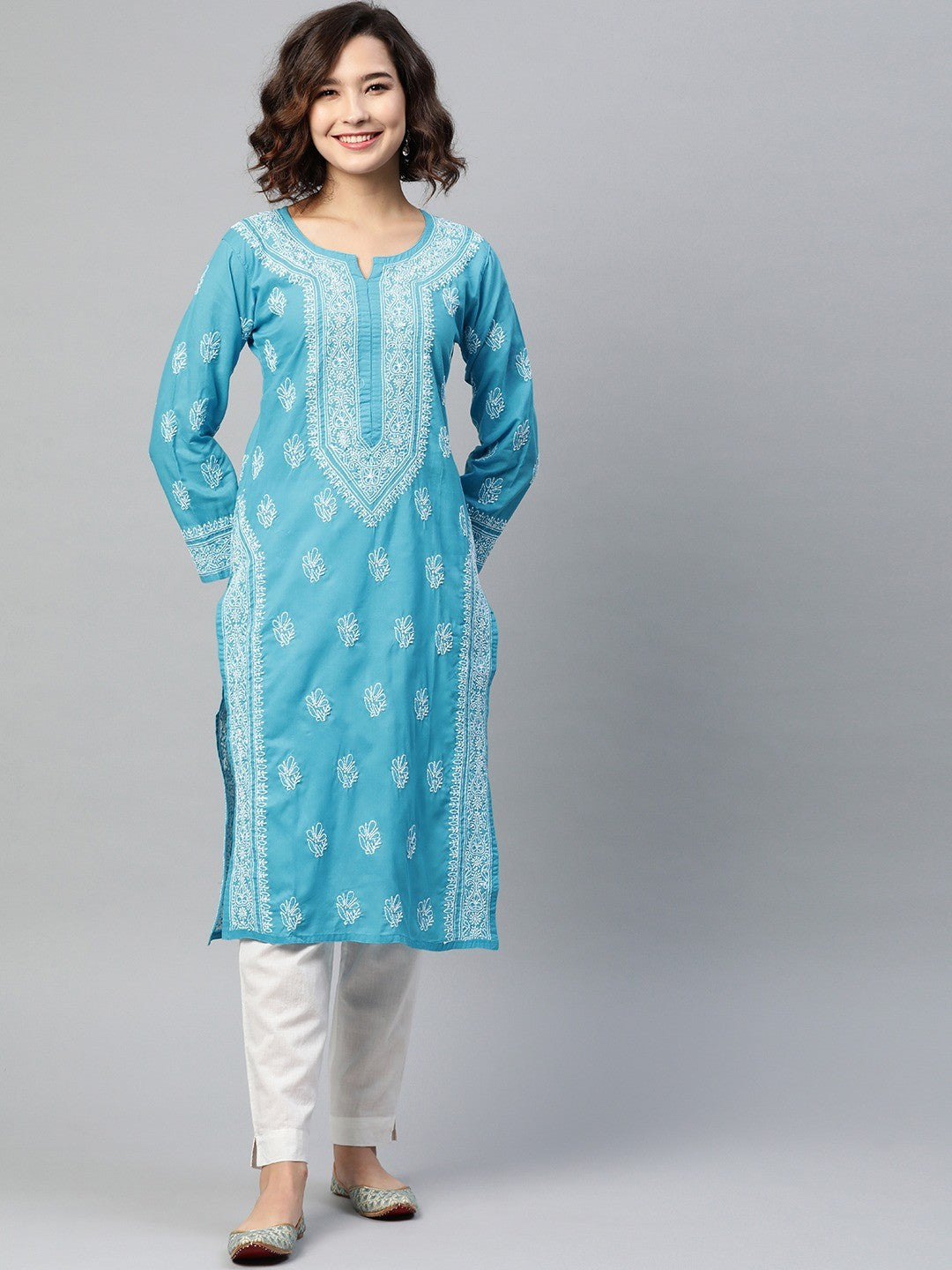 Ada Hand Embroidered Blue Cotton Lucknow Chikan Kurta A220733