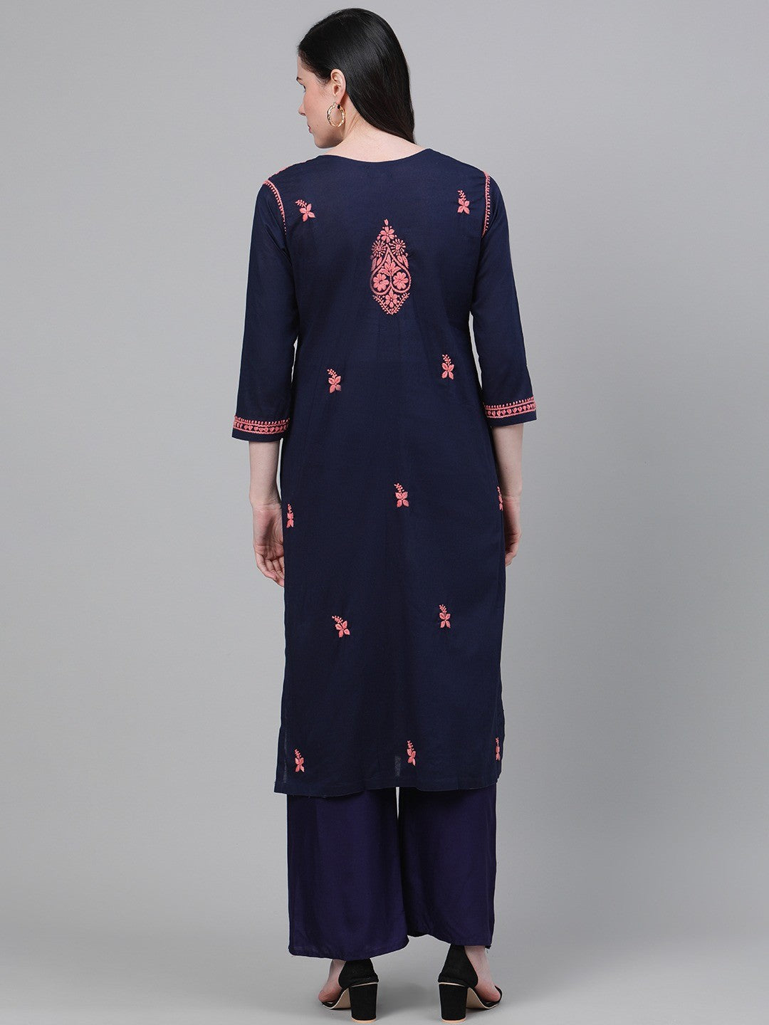 Ada Hand Embroidered Navy Blue Cotton Lucknowi Chikankari Straight Kurta A411145