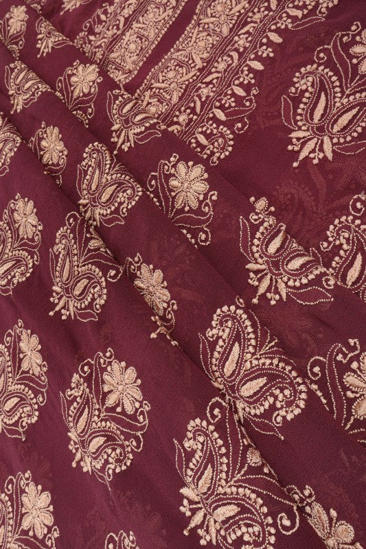 Ada Hand Embroidered Wine Pure Georgette Lucknowi Chikan Unstitched Suit Piece A59261