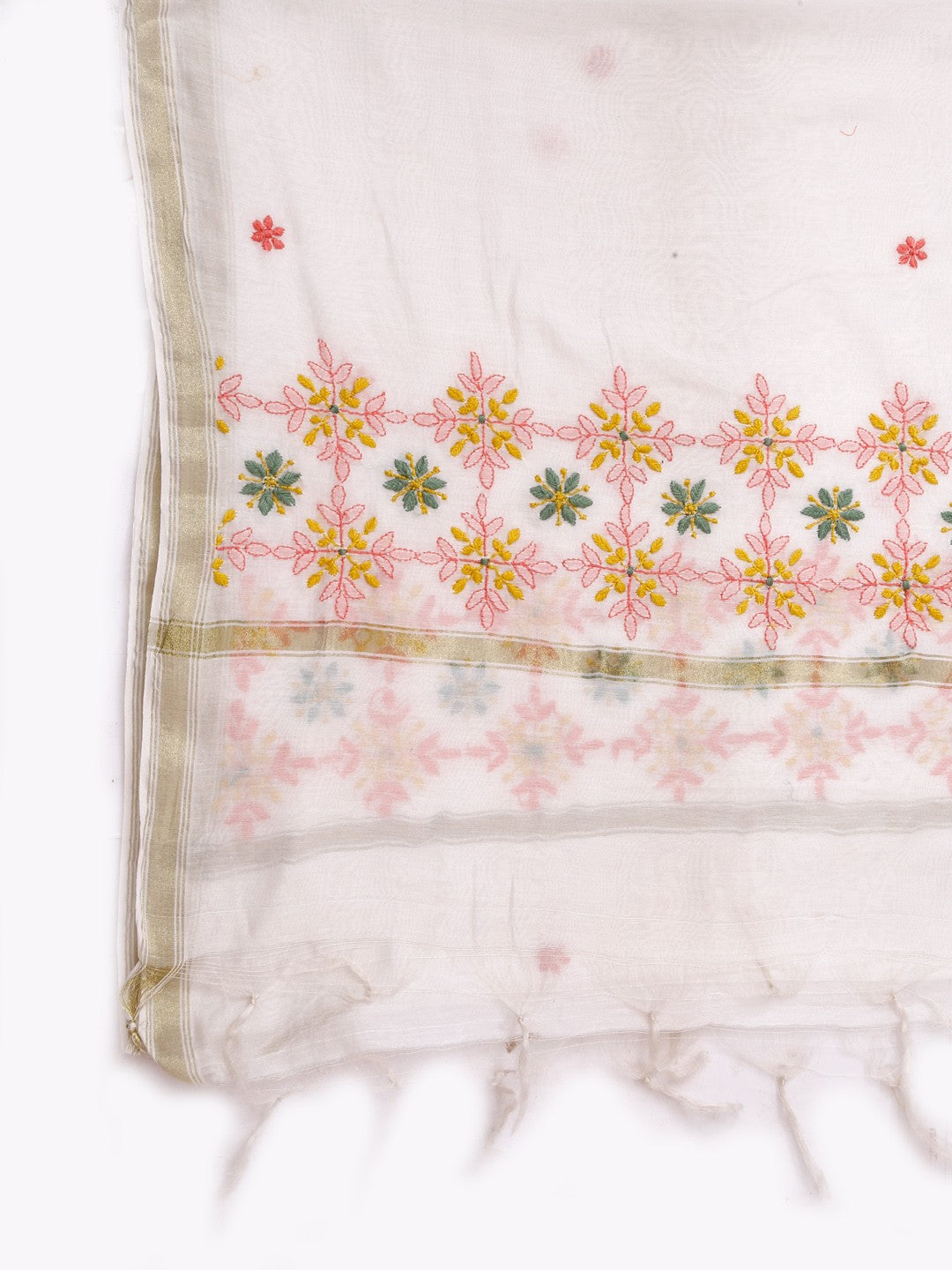 Ada Hand Embroidered White Chanderi Lucknowi Chikankari Dupatta A470788