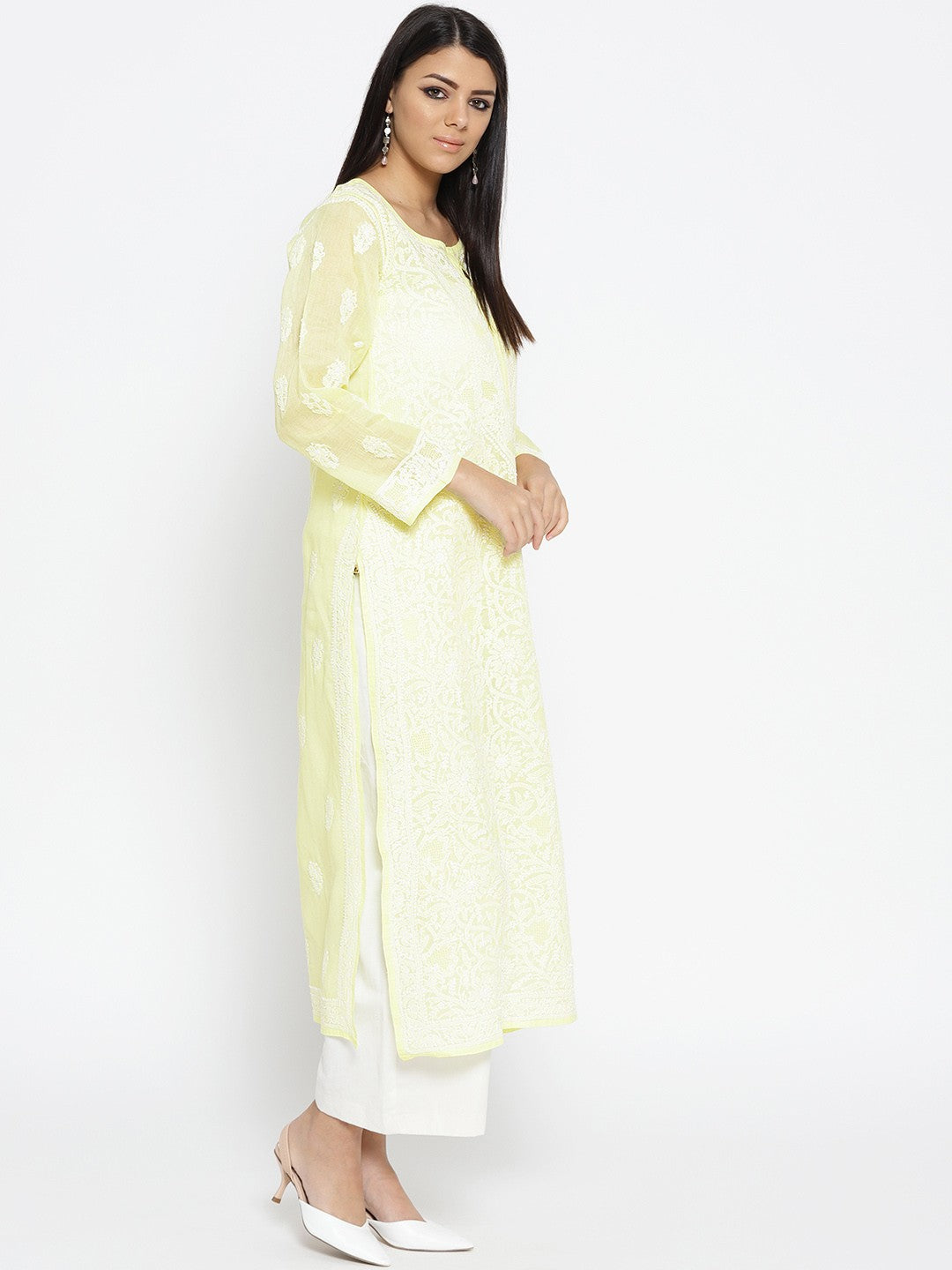 Ada Hand Embroidered Lemon Cotton Lucknow Chikankari Kurta-A100124