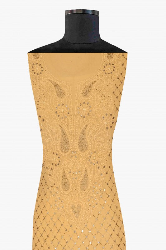 Ada Hand Embroidered Fawn Pure Georgette Lucknowi Chikan Unstitched Kurta Piece With Muqaish Work A302895