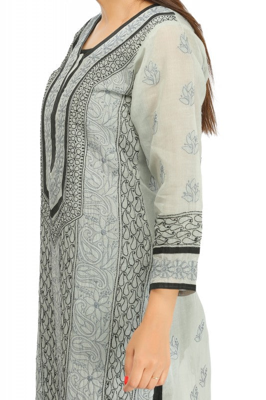 Ada Hand Embroidered Grey Cotton Lucknowi Chikankari Straight Kurta A273511