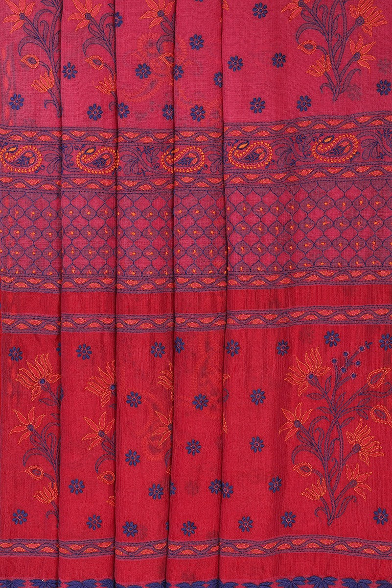 Ada Hand Embroidered Magenta Kota Silk Lucknowi Chikankari Saree With Blouse- A70579