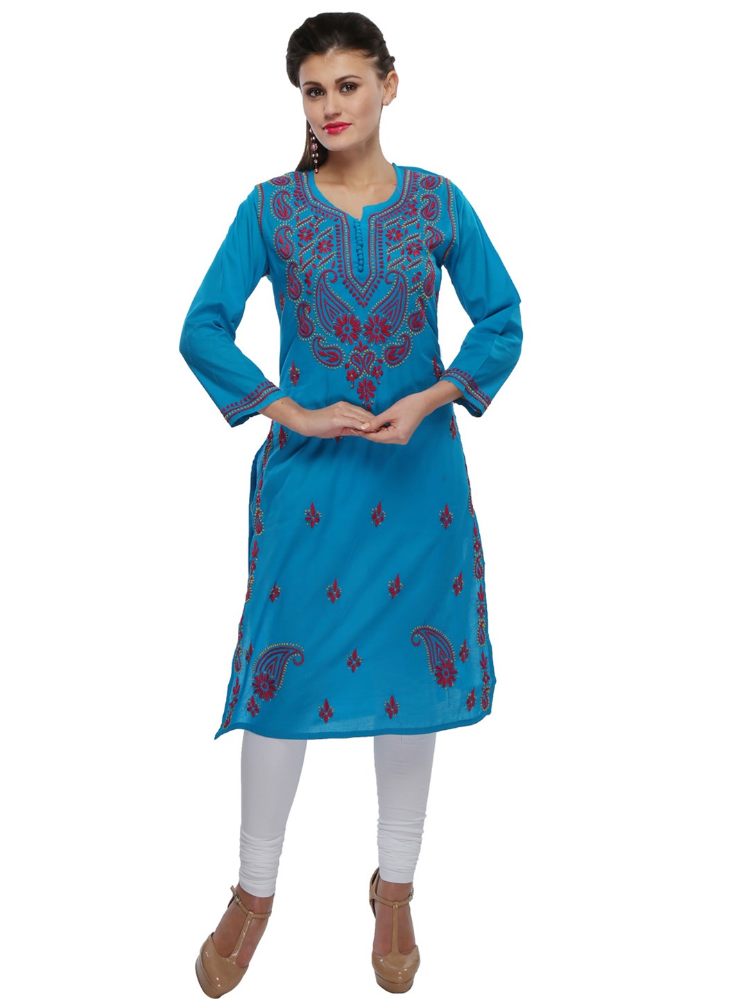 Ada Hand Embroidered Blue Cotton Lucknowi Chikankari Straight  Kurta  A154035