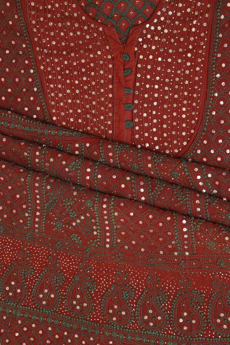 Ada Hand Embroidered Maroon Pure Georgette Lucknowi Chikan Semi-stitched Anarkali Kurta Dupatta Set with Muqaish Work A607991