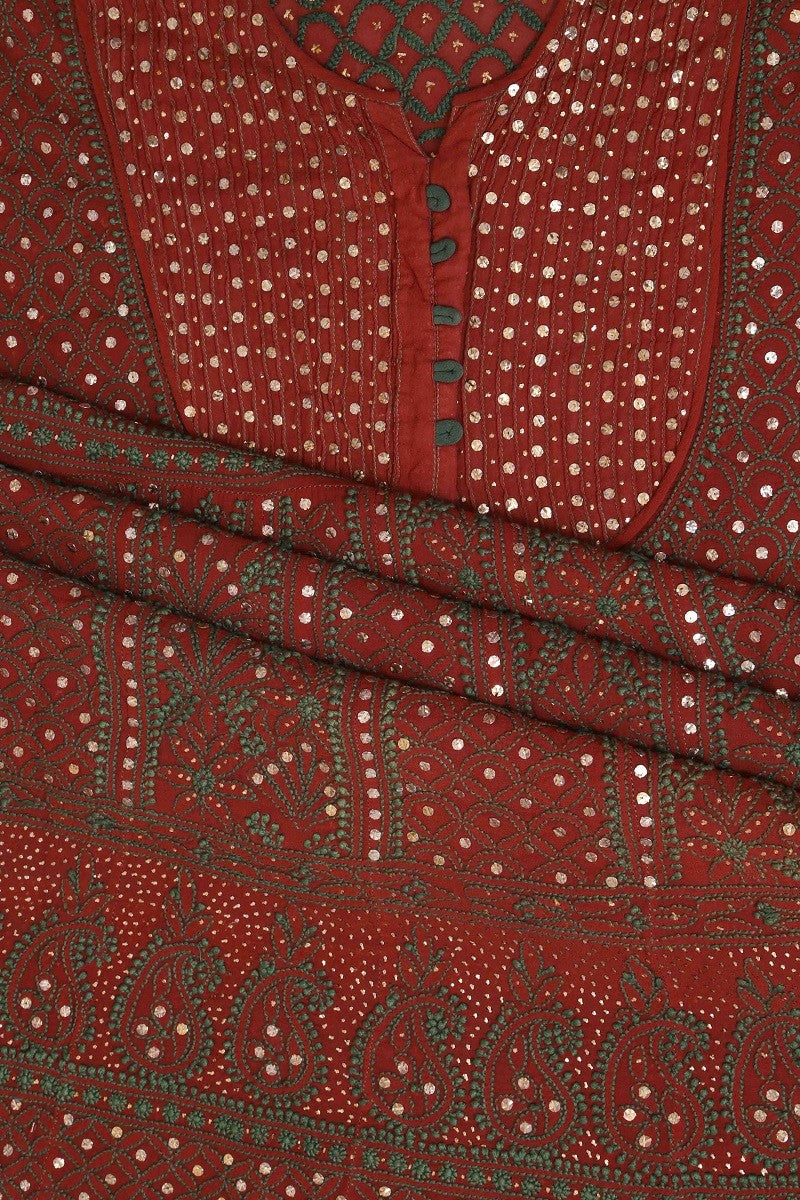 Ada Hand Embroidered Maroon Pure Georgette Lucknowi Chikan Semi-stitched Anarkali Kurta Dupatta Set with Muqaish Work A607991