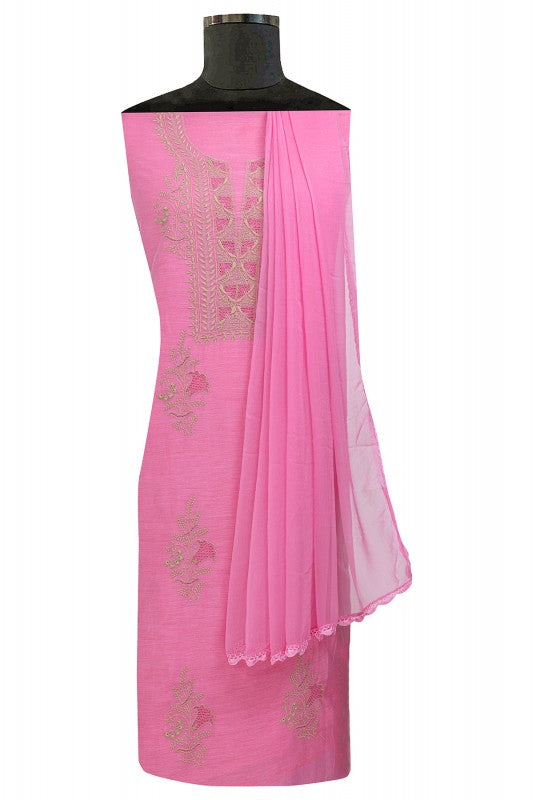 Ada Hand Embroidered Pink Chanderi Lucknowi Chikan Unstitched Suit Piece A549388
