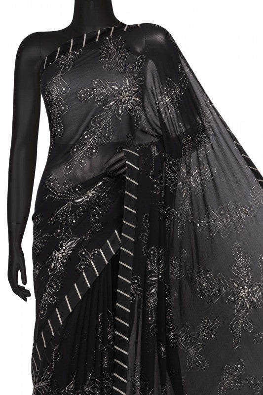 Ada Hand Embroidered Black Pure Georgette Lucknowi Chikankari Saree/Blouse with Muqaish Work A331928