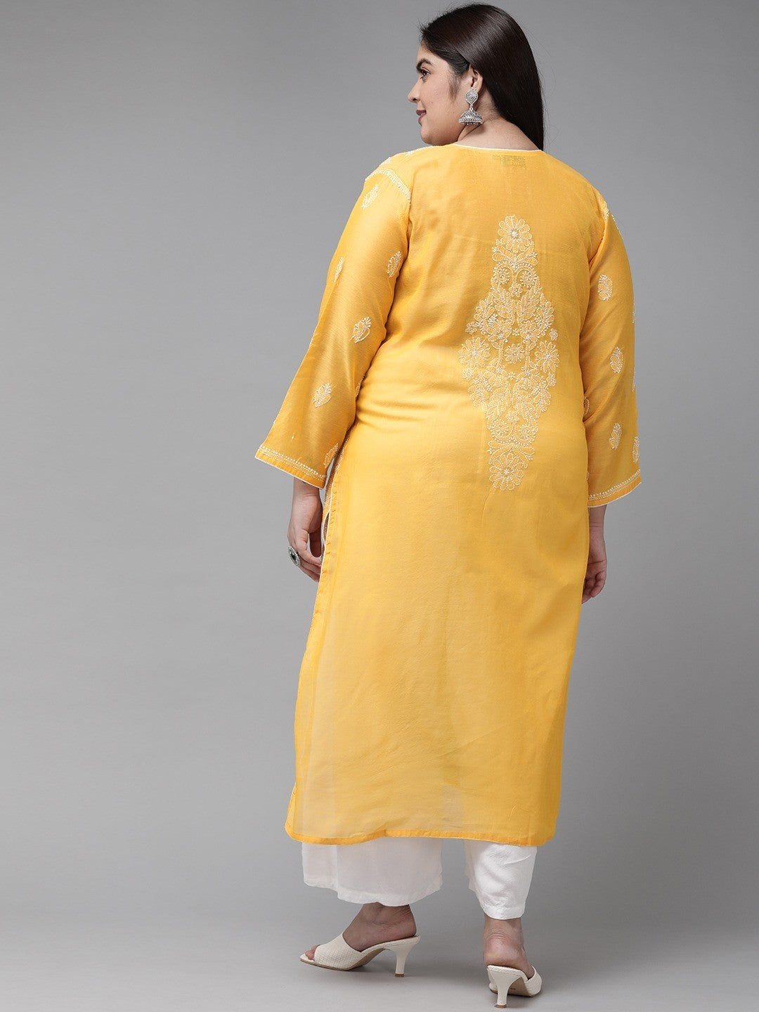 Ada Hand Embroidered Yellow Chanderi Lucknow Chikankari Straight Kurta A411175