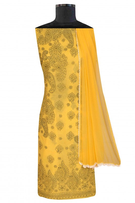 Ada Hand Embroidered Yellow Cotton Lucknowi Chikan Unstitched Suit Piece-A211122