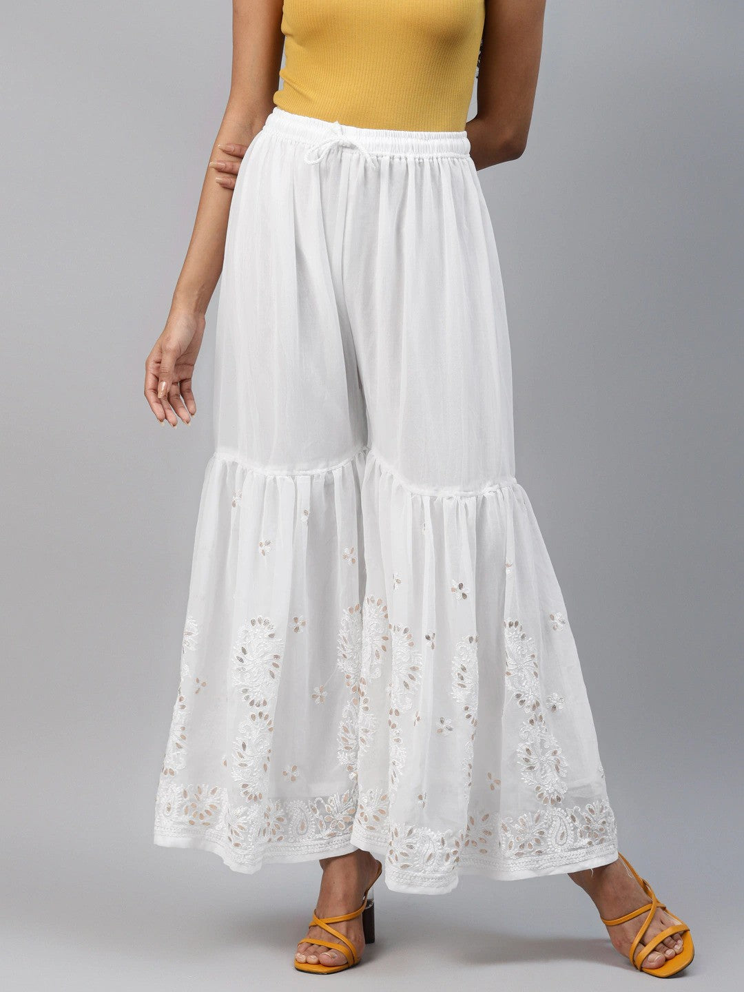 Ada Hand Embroidered White Georgette Lucknow Chikan Garara with Gota Patti Work A711136