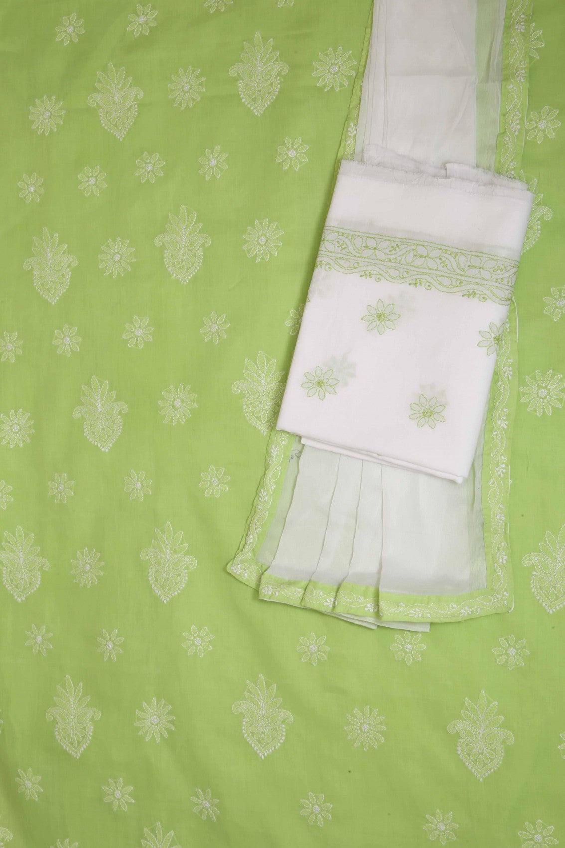 Ada Hand Embroidered Green/White Cotton Lucknowi Chikankari Unstitched Suit Piece A211201