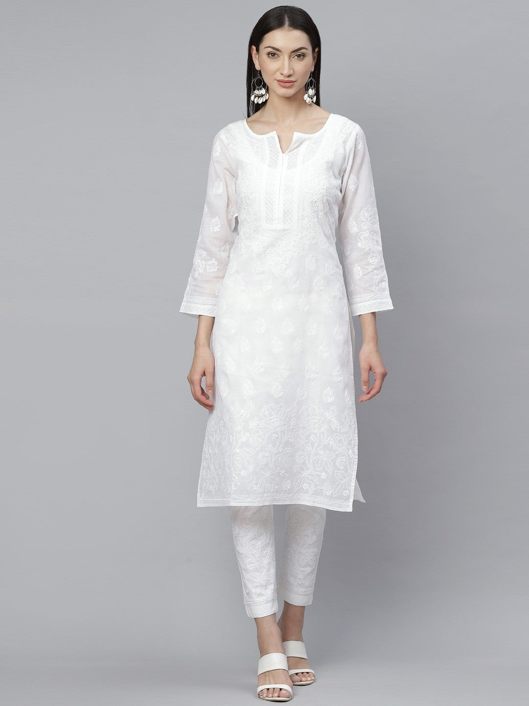 Ada Hand Embroidered White Cotton Lucknowi Chikankari Straight Kurta With Trouser Set A811137