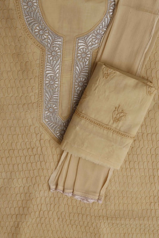 Ada Hand Embroidered Fawn Cotton Lucknowi Chikan Unstitched Suit Piece–A100182