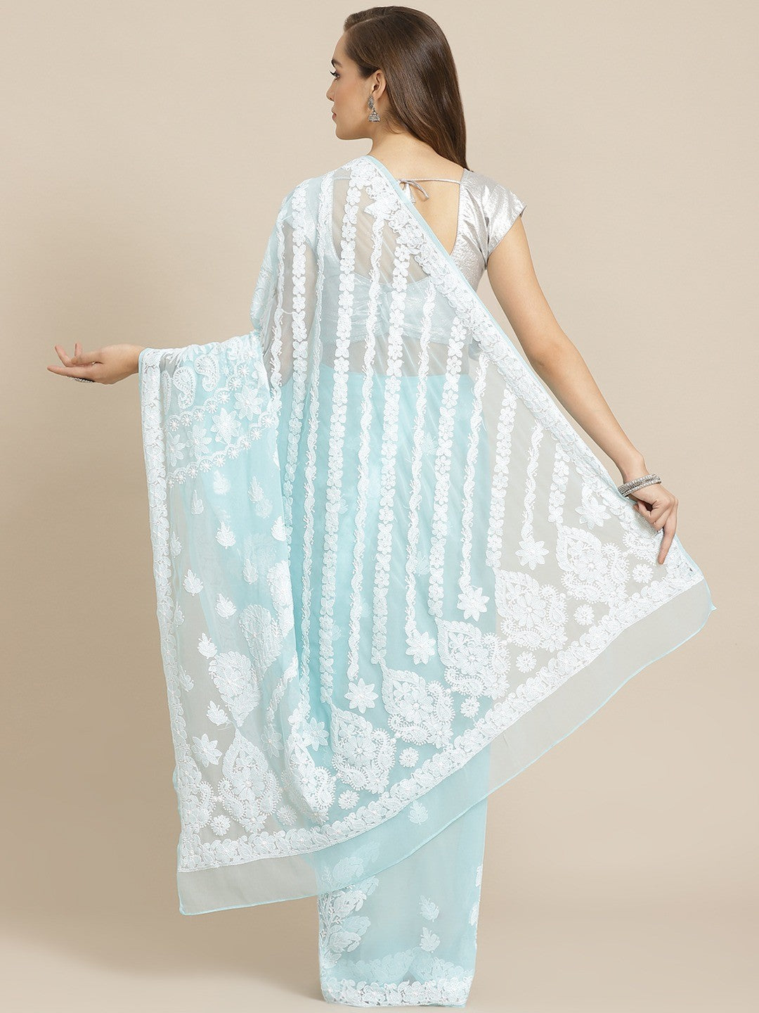 Ada Hand Embroidered Blue Georgette Lucknow Chikan Saree with Blouse A311301