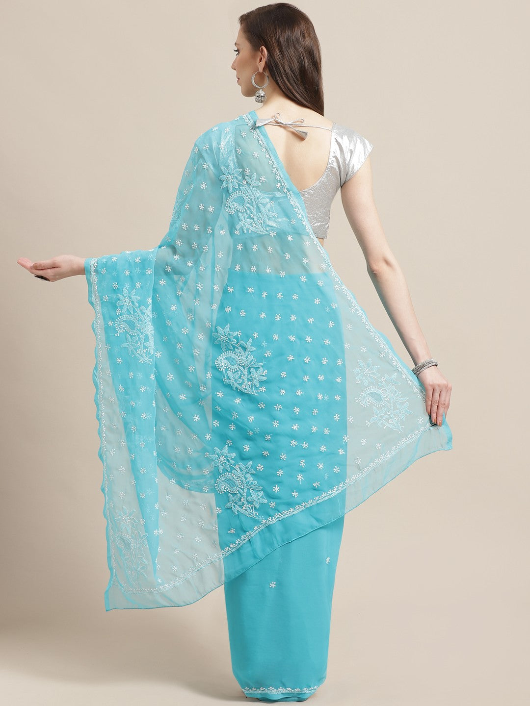 Ada Hand Embroidered Blue Georgette Lucknow Chikan Saree With Blouse - A233469