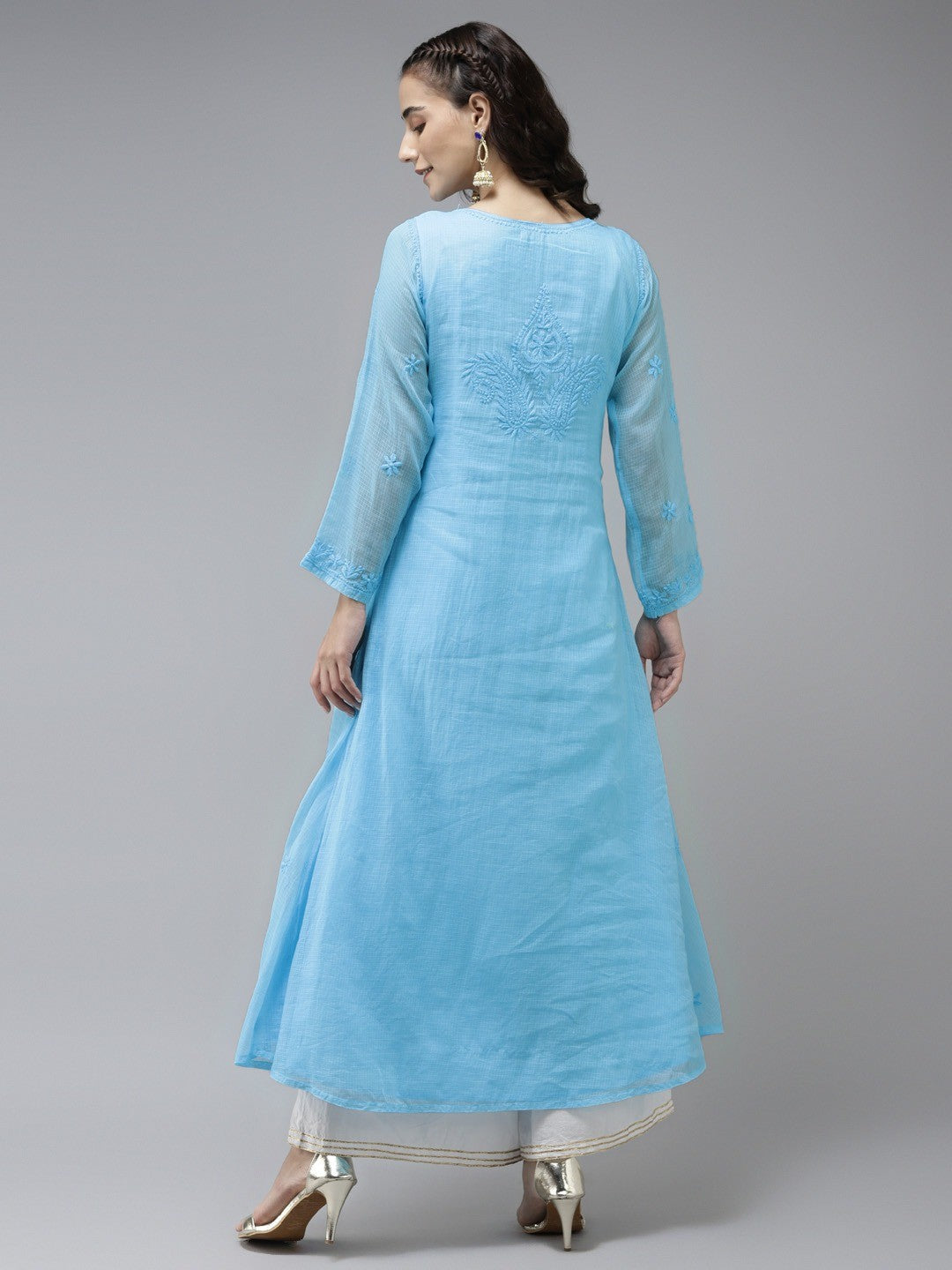 Ada Hand Embroidered Firozi Blue Kota Lucknowi Chikankari A-Line Kurta A411231