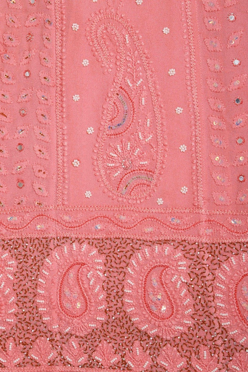Ada Hand Embroidered Peach Georgette Lucknowi Chikan Semi-Stitched Anarkali Kurta Dupatta Set With Sequinned Work A595401