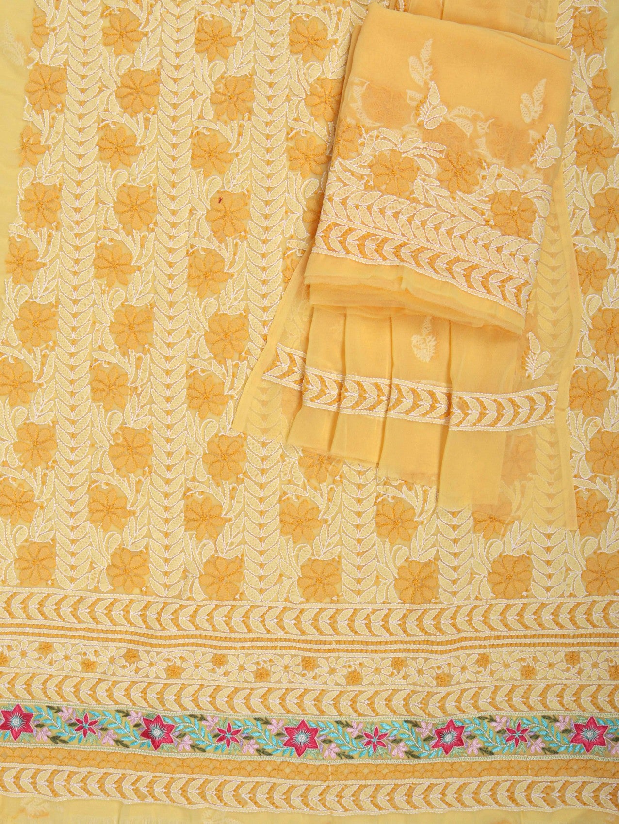 Ada Hand Embroidered Yellow Georgette Lucknowi Chikankari Unstitched Suit Piece With Parsi Work 01A196707