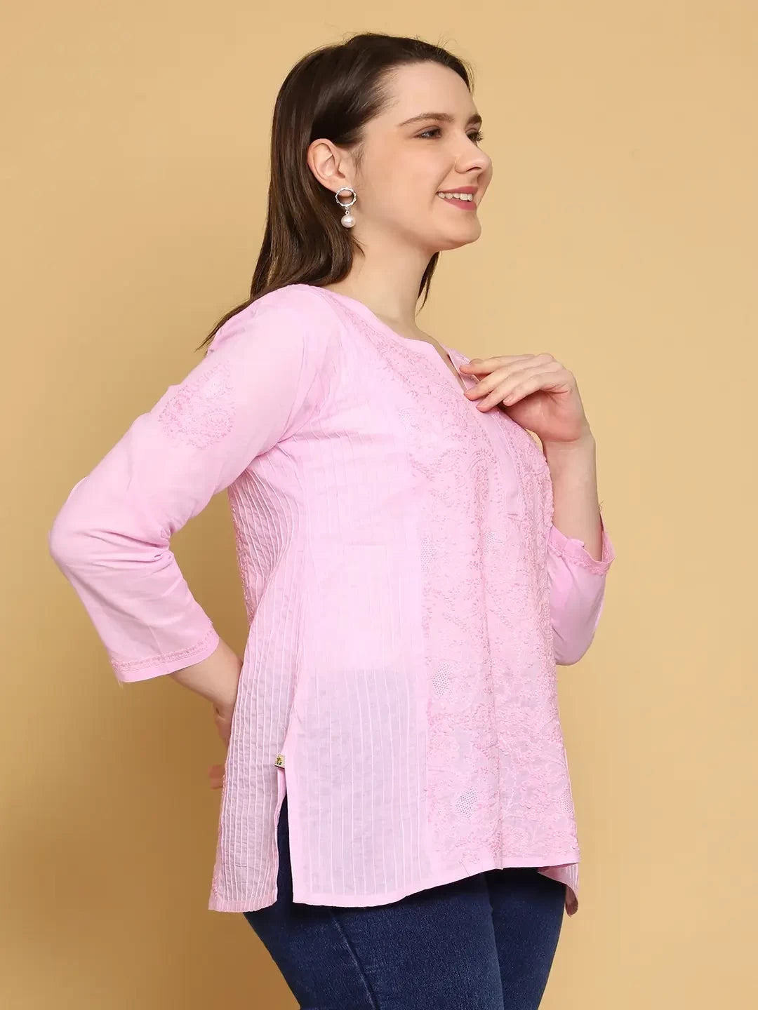 Ada Hand Embroidered Pink Cotton Lucknowi Chikankari Straight Kurti A911313